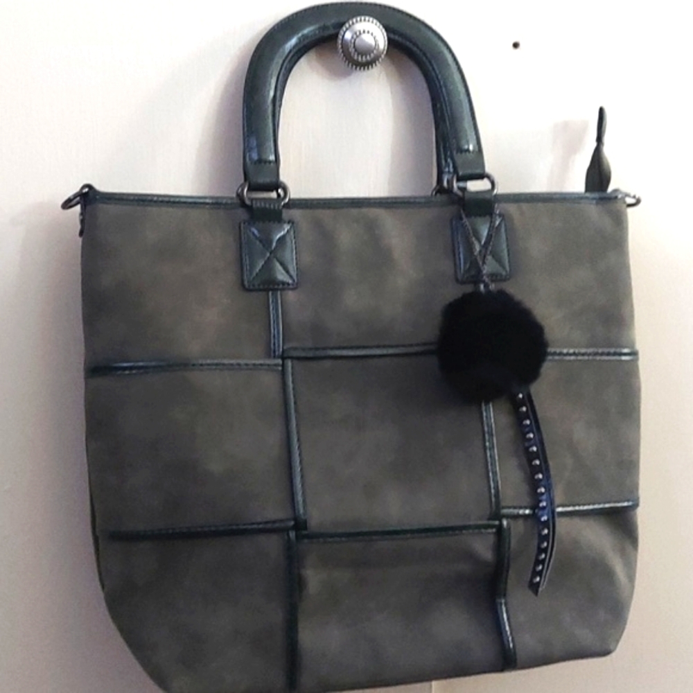 Maria C. Faux Leather Patchwork Suede Large Tote Hand Bag Grey Olive Green Nwt